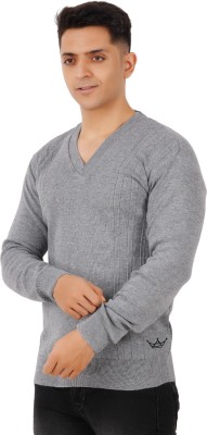 ROCKBAY Solid V Neck Casual Men Grey Sweater