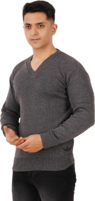 FEEL TRACK Solid V Neck Casual Men Grey Sweater