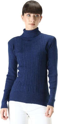 Knitco Striped High Neck Casual Women Blue Sweater