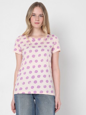 VERO MODA Polka Print Women Round Neck Beige T-Shirt