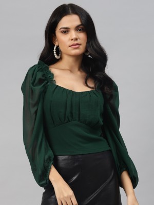 PLUSS Casual Solid Women Green Top