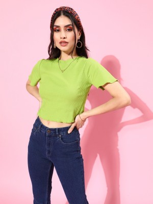 PLUSS Casual Solid Women Green Top