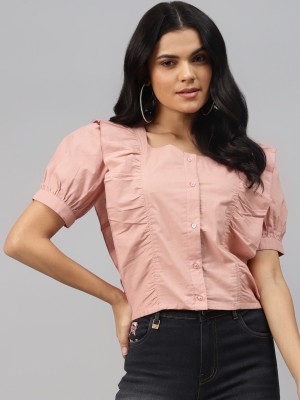 PLUSS Casual Solid Women Pink Top