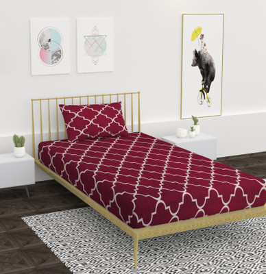 AVISARDO 144 TC Microfiber Single Printed Fitted (Elastic) Bedsheet(Pack of 1, Maroon)
