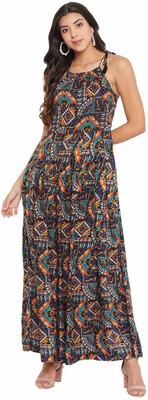 FNOCKS Indi Girls Maxi/Full Length Casual Dress(Multicolor, Sleeveless)