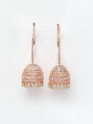 ZENEME Rose Gold-Toned AD Stone-Studded Handcrafted Circular Hoop With Diamond Brass Drops & Danglers