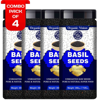 Organic Vision Pack of 4 Basil Seeds (Raw Seed ) Tukmariya / Sabja / Bapji Seed for Weight Loss Basil Seeds(4 x 200 g)