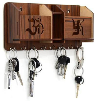 Lixra Wooden Key Holder With Mobile Holder and Pen Holder/ Keys Organizer Wood Key Holder(8 Hooks, Brown)