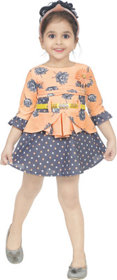 Fashion Garments Girls Mini/Short Casual Dress(Orange, 3/4 Sleeve)