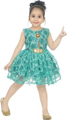 Shine Club Girls Midi/Knee Length Festive/Wedding Dress(Green, Sleeveless)