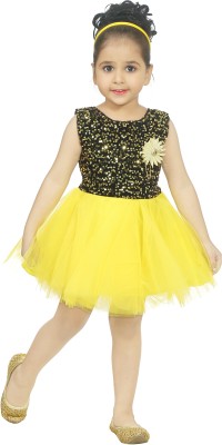 Oxipital Club Girls Midi/Knee Length Festive/Wedding Dress(Yellow, Sleeveless)