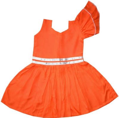 Aadhiba Collections Girls Midi/Knee Length Casual Dress(Orange, Fashion Sleeve)