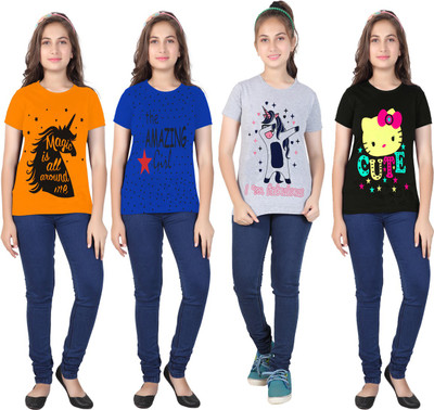 MIST N FOGG Girls Printed Cotton Blend Regular T Shirt(Multicolor, Pack of 4)
