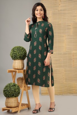 OM GROUP Women Printed Straight Kurta(Green)