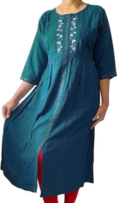 Heman Fashion Women Embroidered Frontslit Kurta(Dark Green)