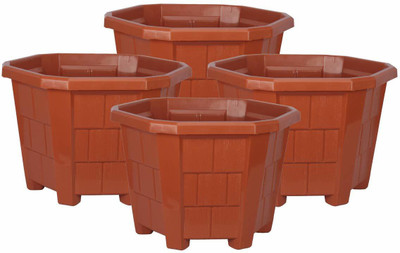 HALSEY plastic Flower Pots, Brown, Large, Pack of 4small Plant Container Set(Pack of 4, Plastic)