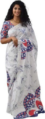 NIKHILAM Printed Handloom Pure Cotton Saree(White)