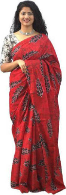 NIKHILAM Printed Handloom Pure Cotton Saree(Red)