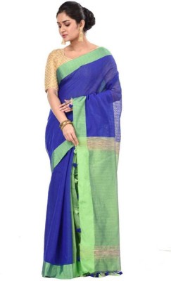 TRADITIONAL MANUFACTURER HOUSE Solid/Plain Handloom Cotton Silk Saree(Blue)