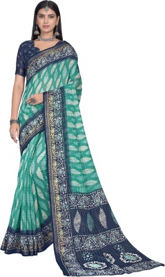 sareela Floral Print Banarasi Viscose Rayon, Cotton Silk Saree(Blue, Light Green)