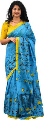 NIKHILAM Printed Handloom Pure Cotton Saree(Light Blue)