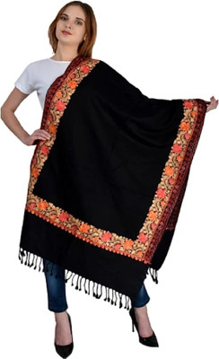 Feathers Polyester Wool Blend Embroidered Women Shawl(Black)