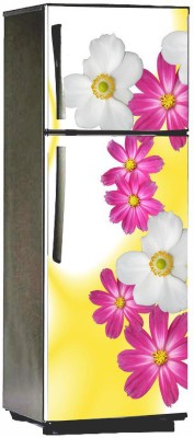 Decor studio 160 cm decorative abstract pink & off white flowers with yellow background extra large fridge sticker (pvc vinyl covering area 61cm X 160cm ) Reusable Sticker(Pack of 1)