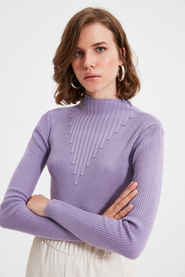 Trendyol Self Design Round Neck Casual Women Purple Sweater