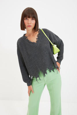 Trendyol Solid Round Neck Casual Women Grey Sweater