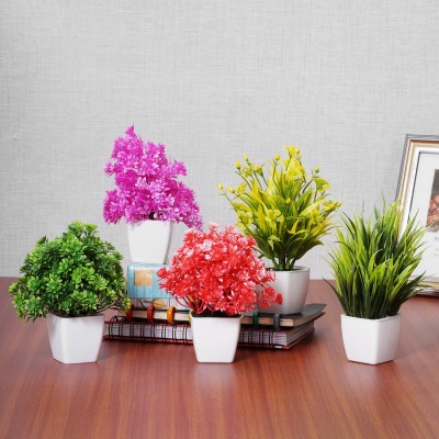 Dekorly Faux Flowers For Home Office Decor, Bedroom Living Room Balcony Bonsai Wild Artificial Plant  with Pot(18 cm, Multicolor)