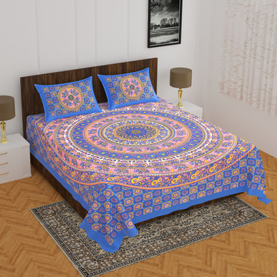 E ELMA 151 TC Cotton Double Jaipuri Prints Flat Bedsheet(Pack of 1, Blue)