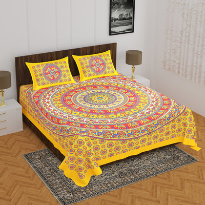E ELMA 151 TC Cotton Double Jaipuri Prints Flat Bedsheet(Pack of 1, Yellow)