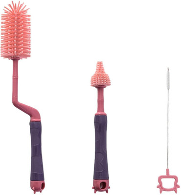 SYGA 3 Pcs Silicone Baby Bottle Brush Set, 360° Long Handle Water Bottle Cleaner(Pink)