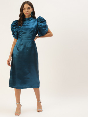 Zastraa Women Sheath Blue Below Knee Dress