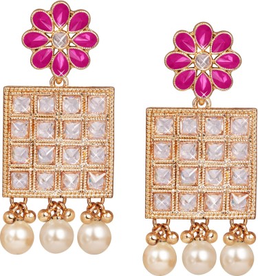 JFL - Jewellery for Less Floral LCD American Diamond Polki Stone with Drop Pearl Dangler Earring Copper Drops & Danglers