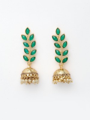 ZENEME Green Leaf Shaped Gold Plated Drop Brass Jhumki Earring