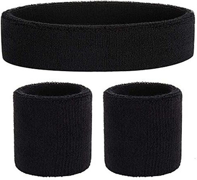 HK Sports Towel Head Band & 2 Wrist Band || Sweat Band || Sports Band || Fitness Band(Black, Pack of 1)