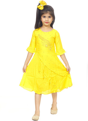 NEGUP Girls Calf Length Casual Dress(Yellow, 3/4 Sleeve)