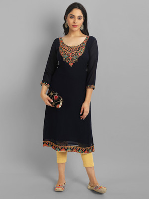 Vastani Enterprise Women Embroidered Straight Kurta(Black)