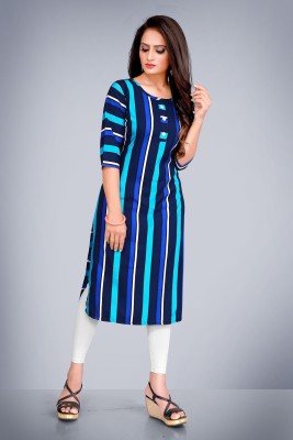 FASHIONGEN Women Striped Straight Kurta(Blue)