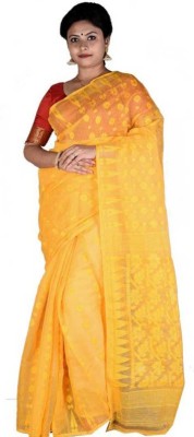TRADITIONAL MANUFACTURER HOUSE Embroidered Jamdani Cotton Silk Saree(Yellow)