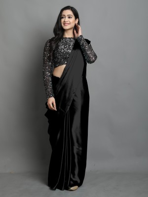 GLOWMOROUS Solid/Plain Bollywood Silk Blend, Satin Saree(Black)