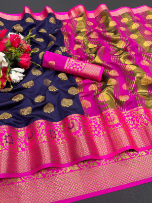 GDN FASHION Woven Banarasi Jacquard Saree(Blue, Pink)
