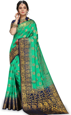 iZibra Self Design, Woven Banarasi Pure Silk, Cotton Silk Saree(Dark Blue, Green)