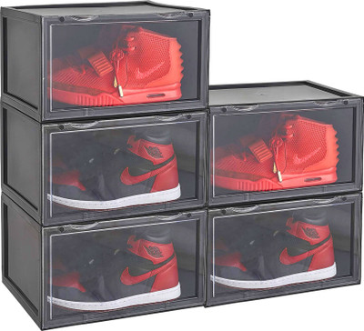 Sasimo Plastic Sneaker Containers Bins Portable Storage Organizer Space Saving Foldable Plastic Collapsible Shoe Stand(Black, 5 Shelves, DIY(Do-It-Yourself))