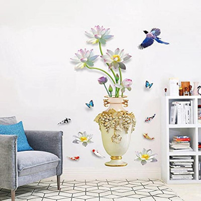 Indian Royals 90 cm Lotus 3D Vase Self Adhesive Decorative Wallsticker ( 60 CM X 90 CM ) Self Adhesive Sticker(Pack of 1)