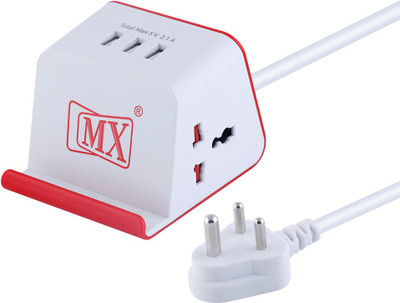 MX CUBE UNIVERSAL SPIKE PROTECTORE WITH 3 USB 3 MTR 2  Socket Extension Boards(White, Red, 3 m, With USB Port)