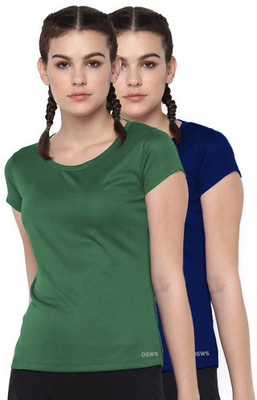 DSWS Sporty, Solid Women Round Neck Dark Blue, Dark Green T-Shirt