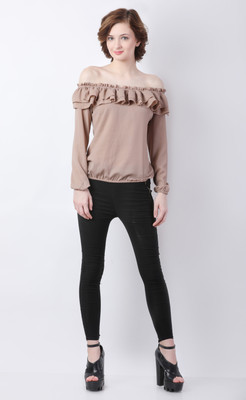Delis Casual Solid Women Brown Top