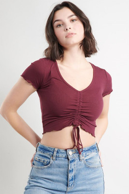 ANBICH Casual Solid Women Maroon Top